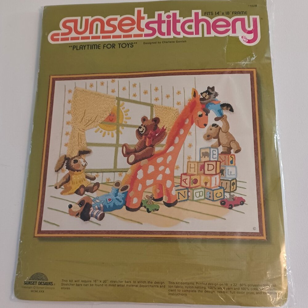 Sunset Stitchery Playtime For Toys Needlework Kit #2618 Vintage 14x18